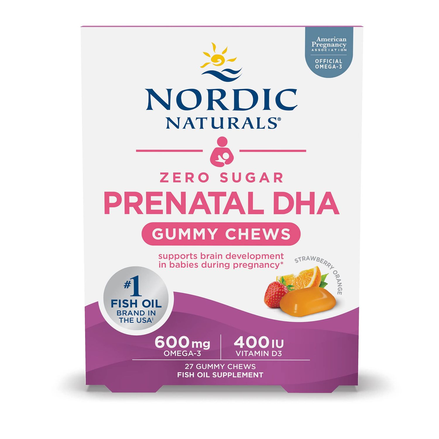 Nordic Naturals Zero Sugar DHA Prenatal Vitamin Gummies, Strawberry Orange Flavor - 27 Gummies - Supplements for Pregnancy - 600 mg Omega-3 Fish Oil and 400 IU Vitamin D3-27 Servings