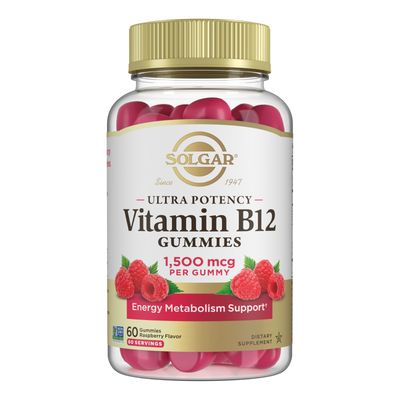 Solgar Methyl B12 Gummies for Adults 1,500mcg Ultra Potency Vitamin for Energy &amp; Metabolism Support, Raspberry Flavor, Vegan &amp; Gluten Free Gummy for Women &amp; Men, 2 Month Supply, 60 Servings, 2g Sugar