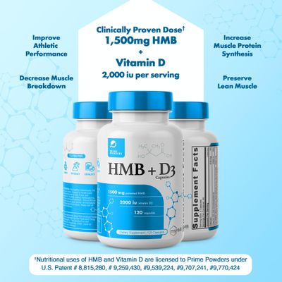 Prime Powders HMB and Vitamin D3 Supplement, 1,500mg Patented Formula with Clinical Dose, Preserve Lean Muscle with Ageless Performance, Beta-Hydroxy Beta-Methylbutyrate Capsules, 120 Count