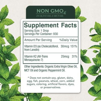 Vitamin D3 with K2 Liquid Drops, All Natural, Non GMO, 1208IU D3 and 25mcg K2 (MK7) Per Serving, Support Your Bones, Immune System and Energy Levels, with or Without Peppermint Oil