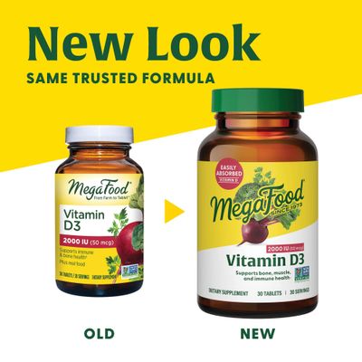 MegaFood Vitamin D3 2000 IU (50 mcg) - Immune Support Supplement - Bone Health -with easily-absorbed Vitamin D3 - Plus real food - Non-GMO, Vegetarian - Made Without 9 Food Allergens - 60 Tabs