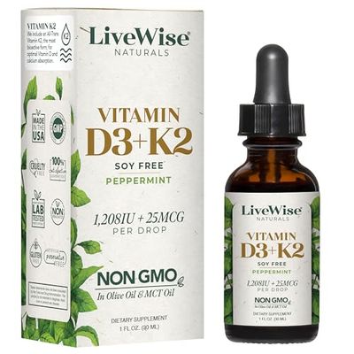 Vitamin D3 with K2 Liquid Drops, All Natural, Non GMO, 1208IU D3 and 25mcg K2 (MK7) Per Serving, Support Your Bones, Immune System and Energy Levels, with or Without Peppermint Oil