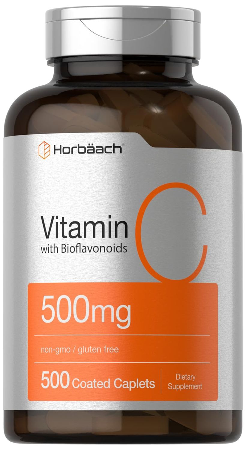 Horbach Vitamin C 500mg | with Bioflavonoids | 500 Coated Caplets | with Rose HIPS | Vegetarian | Non-GMO, Gluten Free
