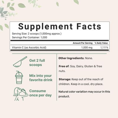 Pure Vitamin C Crystal Powder (Water Soluble Vitamin C 1000mg Per Serving), 1 KG (2.2 Pounds), Immune Vitamins and Strong Antioxidant, Pure Ascorbic Acid Powder Supplement