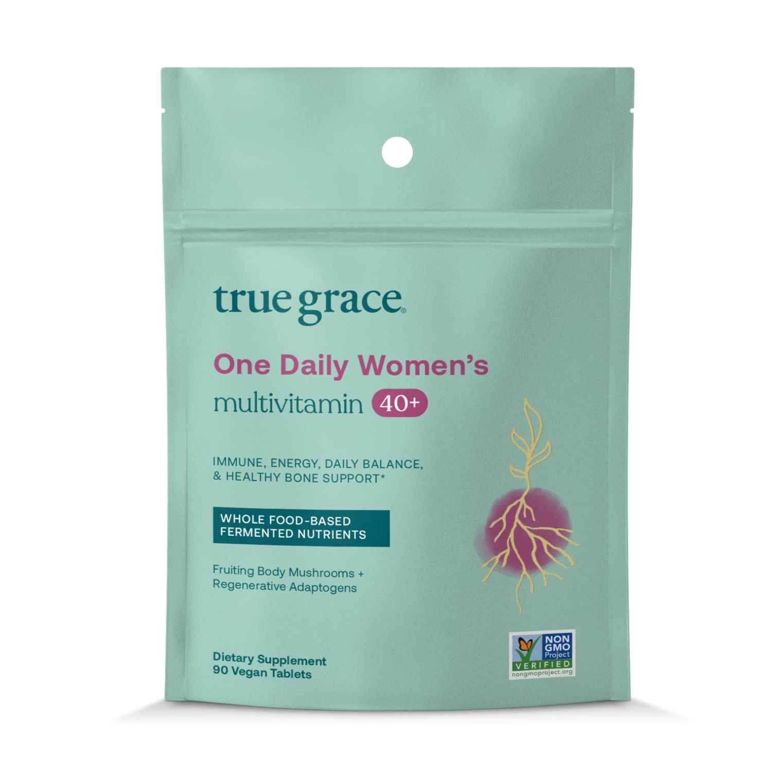 True Grace One Daily Womens Multivitamin 40+ Fermented Minerals, Organic Adaptogens &amp; Mushrooms Energy, Immune, Bone, Heart Support - Iron Free, Non-GMO, Gluten Free, Soy Free - 90 Vegan Tablets