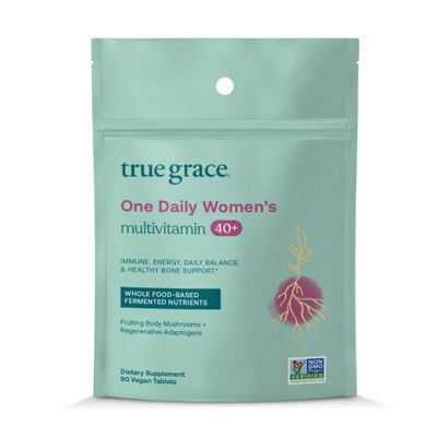 True Grace One Daily Womens Multivitamin 40+ Fermented Minerals, Organic Adaptogens &amp; Mushrooms Energy, Immune, Bone, Heart Support - Iron Free, Non-GMO, Gluten Free, Soy Free - 90 Vegan Tablets