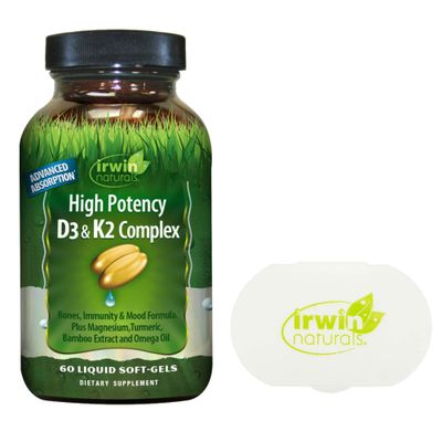 Irwin Naturals Vitamin D3 + K2 - High Potency Mega D3 + K2 Complex with Turmeric Extract- (60 Liquid Softgels) with Pill Case - Dietary Supplement for Bone Health with D, K, Magnesium Multivitamin