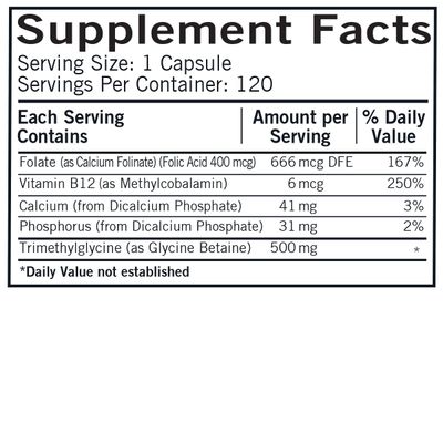 TMG (Trimethylglycine) 500 mg w/Folinic Acid &amp; B12 Capsules - Hypo 120 capsules