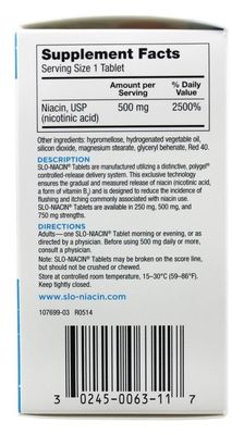 Slo-Niacin Vitamin B3 500 Mg - Slow Release Niacin for Heart Health, Energy Boost, Health Skin, Healthy Blood Sugar Levels - 100 Capsules