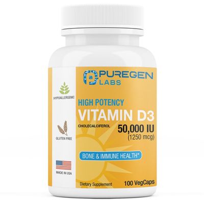 Puregen Labs Vitamin D3 50,000 IU (1250 mcg) 100 Weeks Supply for Healthy Muscle Function, and Immune Support, Non-GMO, Gluten Free 100 Vegetable Capsules