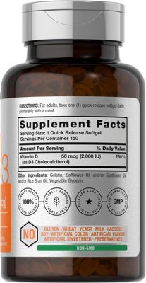 Horbach Vitamin D3 2000IU Softgels (50mcg) | 150 Count | Non-GMO, Gluten Fee Supplement