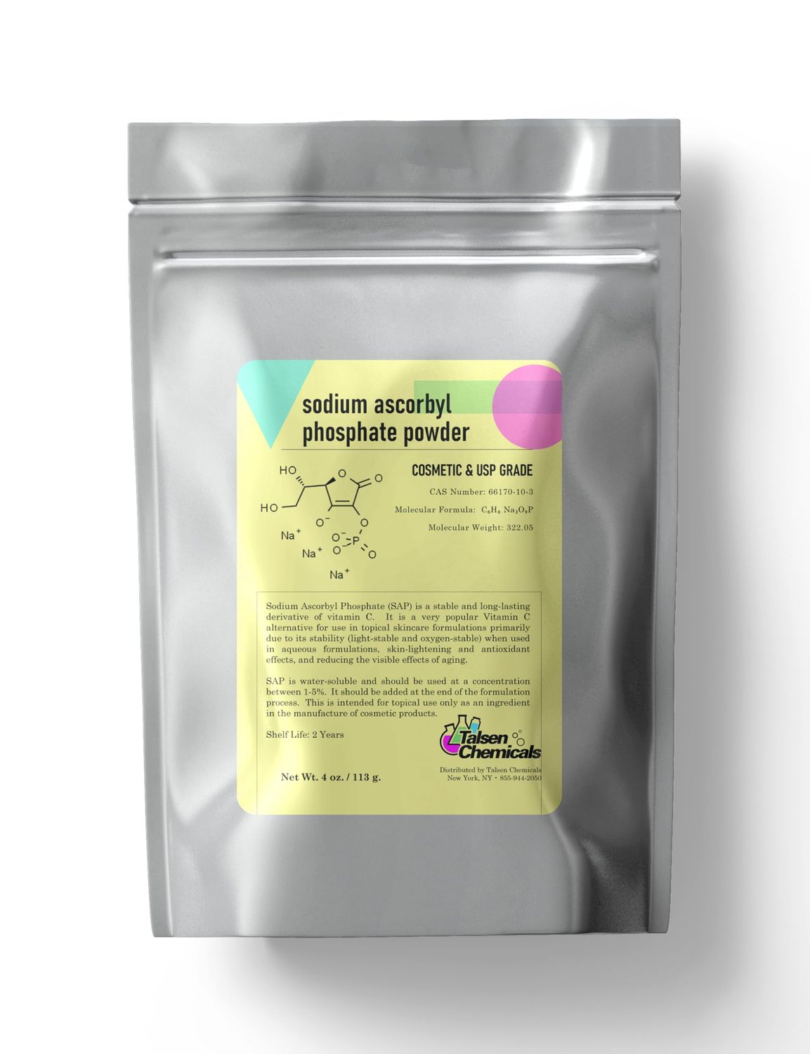 Talsen Chemicals Sodium Ascorbyl Phosphate Sap Powder for Skin Care, Antioxidant Increase Skin Elasticity Stable Vitamin C Derivative Improve Skin Gloss, and in DIY Skin Care (4 Ounce / 113 gram)