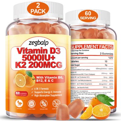 2Packs Vitamin D3 K2 Gummies for Adults, Sugar-Free Vitamin D3 5000IU + K2(MK-7) 200mcg Supplement with Vitamin B Complex &amp; Vitamin C E Supports Bone, Muscle, Teeth &amp; Immune, Vegan, Gluten Free