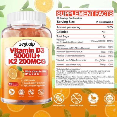 2Packs Vitamin D3 K2 Gummies for Adults, Sugar-Free Vitamin D3 5000IU + K2(MK-7) 200mcg Supplement with Vitamin B Complex &amp; Vitamin C E Supports Bone, Muscle, Teeth &amp; Immune, Vegan, Gluten Free