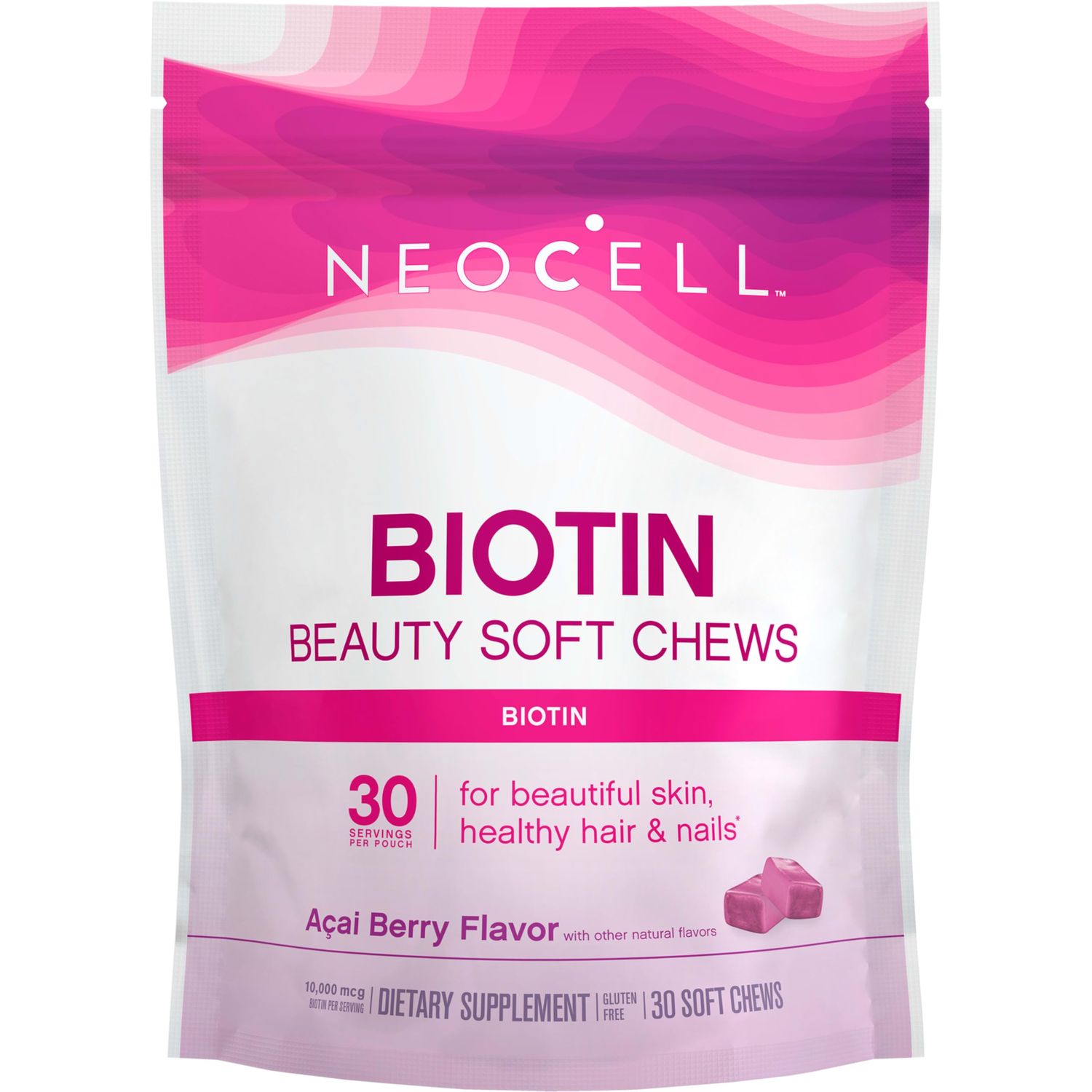 NeoCell Biotin Beauty Soft Chews, For Healthy Skin, Hair, Nails, Energy Support Supplement, Acai Berry Flavor, Soft Chews, 30 Count, 1 Bag