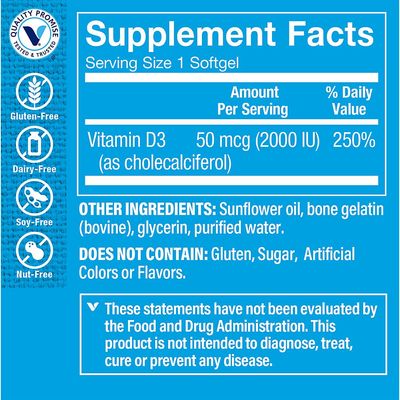 Vitamin D3 - Immune Support &amp; Bone Health - 2,000 IU (200 Softgels)