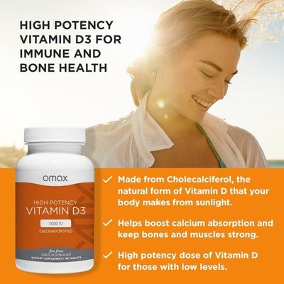 2 Pack - Omax Vitamin D3 5000 IU + Calcium, Strong Bones, Muscles &amp; Joints, Heart Health, Immunity, Non GMO, No Gluten, No Soy - 90 Tablets/per Bottle