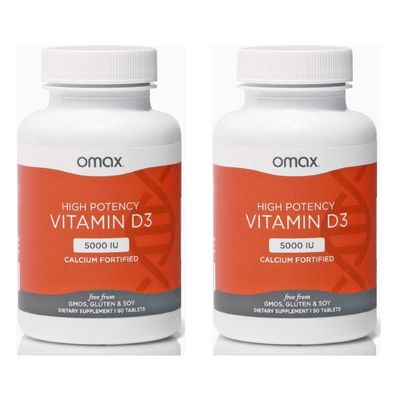 2 Pack - Omax Vitamin D3 5000 IU + Calcium, Strong Bones, Muscles &amp; Joints, Heart Health, Immunity, Non GMO, No Gluten, No Soy - 90 Tablets/per Bottle