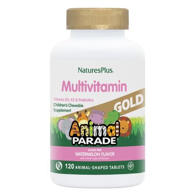Natures Plus Animal Parade Gold Multivitamin Childrens Chewables - Watermelon Flavor - 120 Animal-Shaped Tablets, Pack of 2 - Vitamin D3, K2 &amp; Probiotics - Vegan, Gluten Free - 120 Total Servings