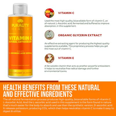PURALITY HEALTH Vitamin C Liquid Supplement 1000mg per Serving, Micelle Liposomal Enhanced Absorption, Non-GMO, Gluten Free, Vegan, 15 Day Supply