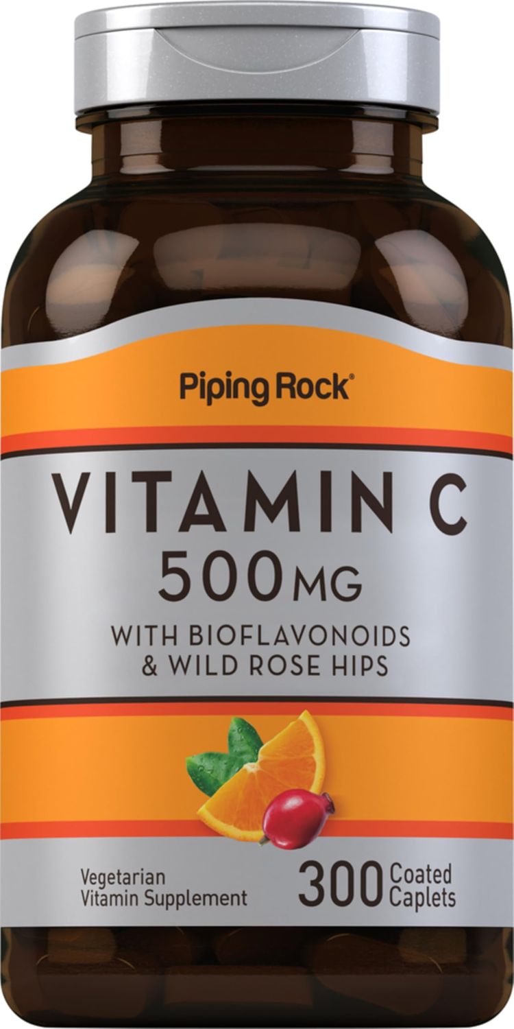 Piping Rock Vitamin C 500 mg with Bioflavonoids &amp; Rose HIPS | 300 Caplets | Vegetarian, Non-GMO, Gluten Free Supplement