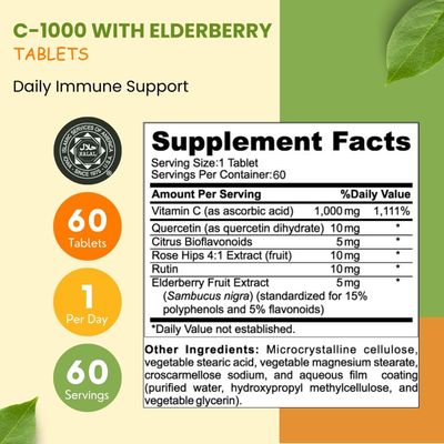 SHIFAA NUTRITION Halal Vitamin C-1000mg Tablets, 60 Days Supply. Immune Support Supplement with Vitamin C, Elderberry, Quercetin, Rose HIPS & Rutin. Vegetarian, Non-GMO, Sugar Free & Keto Friendly