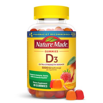Nature Made Extra Strength Vitamin D3 5000 IU (125 mcg) per serving, Dietary Supplement for Bone, Teeth, Muscle and Immune Health Support, 80 Gummies, 40 Day Supply