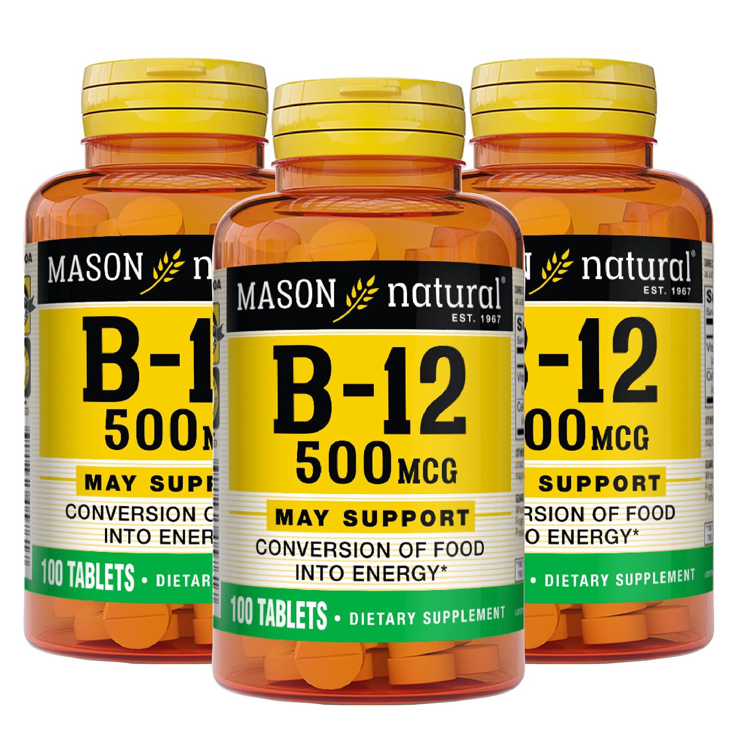 MASON NATURAL Vitamin B12 500 mcg with Calcium - Healthy Conversion of Food into Energy, Supports Nerve Function and Health, 100 Tablets (Pack of 3)