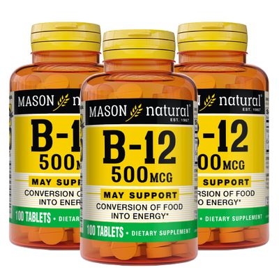 MASON NATURAL Vitamin B12 500 mcg with Calcium - Healthy Conversion of Food into Energy, Supports Nerve Function and Health, 100 Tablets (Pack of 3)