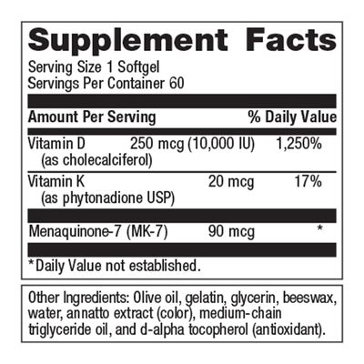 Metagenics Vitamin D3 + K - for Immune Support, Bone Health &amp; Heart Health* - Vitamin D with MK-7 (Vitamin K2) - Non-GMO - Gluten-Free - 60 Softgels - 10,000 IU