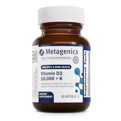 Metagenics Vitamin D3 + K - for Immune Support, Bone Health &amp; Heart Health* - Vitamin D with MK-7 (Vitamin K2) - Non-GMO - Gluten-Free - 60 Softgels - 10,000 IU