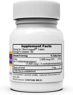 Superior Source Methylfolate 5-MTHF 1000 mcg, Quick Dissolve MicroLignual Tablets, 60 Ct, Biologically Active Form of Folate, Cardiovascular Health, Energy Metabolism &amp; Prenatal Development, Non-GMO
