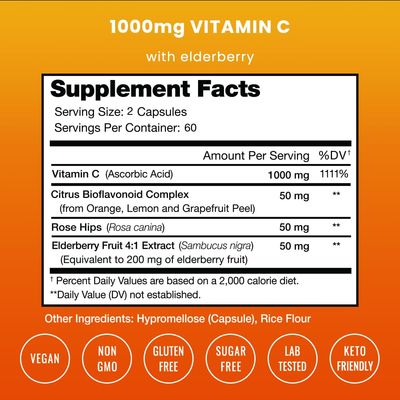 NutraChamps (2 Pack) Vitamin C 1000mg with Elderberry, Citrus Bioflavonoids &amp; Rose HIPS - 120 Capsules Vegan, Non-GMO Antioxidant Supplement for Immune Health &amp; Collagen Production 500mg Powder Pills