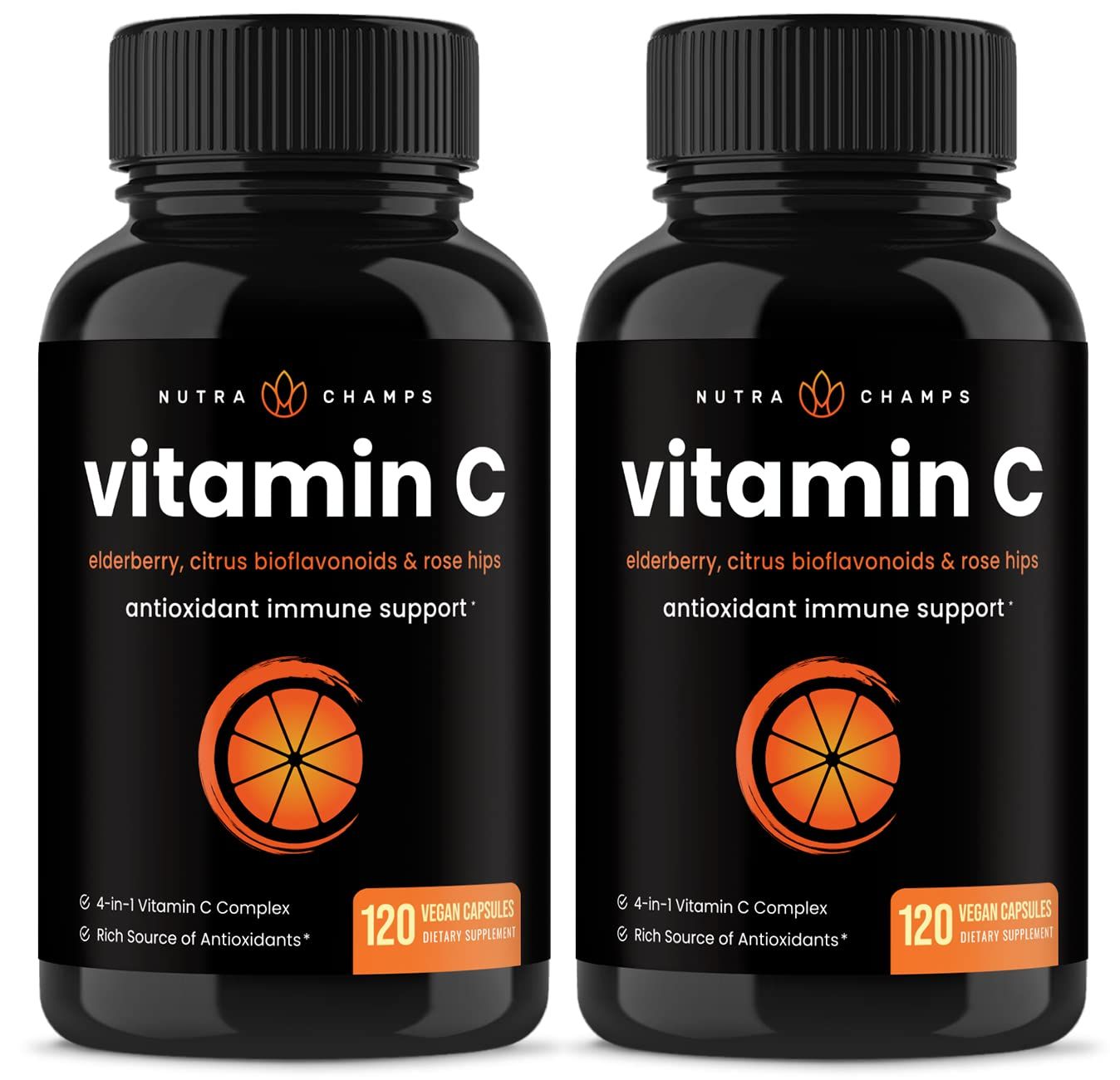 NutraChamps (2 Pack) Vitamin C 1000mg with Elderberry, Citrus Bioflavonoids &amp; Rose HIPS - 120 Capsules Vegan, Non-GMO Antioxidant Supplement for Immune Health &amp; Collagen Production 500mg Powder Pills