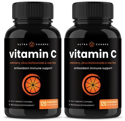 NutraChamps (2 Pack) Vitamin C 1000mg with Elderberry, Citrus Bioflavonoids &amp; Rose HIPS - 120 Capsules Vegan, Non-GMO Antioxidant Supplement for Immune Health &amp; Collagen Production 500mg Powder Pills