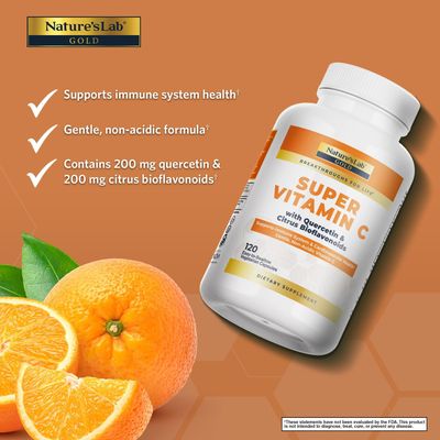 Natures Lab Gold Super Vitamin C 1000mg - Immune System Support - Contains Bioflavonoids Complex & Quercetin - Non-Acidic, Non-GMO, Gluten Free, Vegan - 120 Capsules (2 Month Supply)