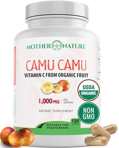 Organic Vitamin C from Camu Camu Capsules 1,000mg, Packed with Natural VIT C, Raw Antioxidants - Immune Support Supplement &amp; Anti-Aging for Skin - Powder Organic, Vegan, Non-GMO (120 Count)