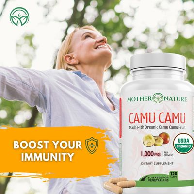 Organic Vitamin C from Camu Camu Capsules 1,000mg, Packed with Natural VIT C, Raw Antioxidants - Immune Support Supplement & Anti-Aging for Skin - Powder Organic, Vegan, Non-GMO (120 Count)