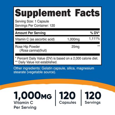 Nutricost Vitamin C with Rose HIPS 1025mg, 120 Capsules - Vitamin C 1000mg, Rose HIPS 25mg, Premium, Non-GMO, Gluten Free Supplement