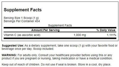 Swanson Vitamin C Powder 100% Pure Ascorbic Acid, Immune System Support, Skin Health, Cardiovascular Health, Antioxidant Supplement 1000 mg (per Serving) 1 lb. 454 g