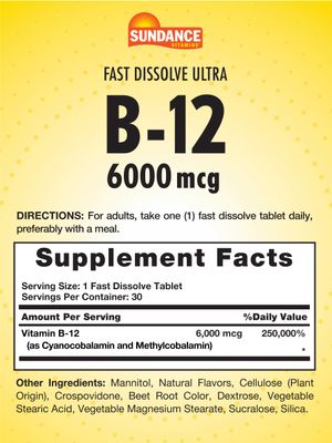 Sundance Fast Dissolve Vitamin B-12 | 6000mcg | 30 Tablets | Natural Berry Flavor | Vegetarian, Non-GMO, and Gluten Free Supplement
