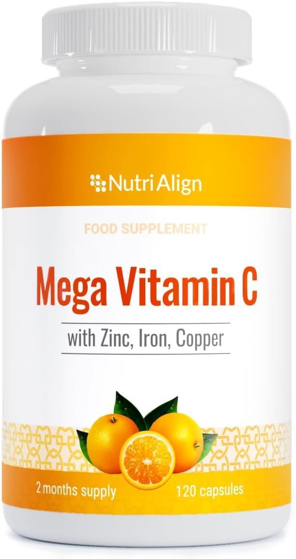Nutri-Align Mega Vitamin C | 120 High Strength Vitamin C 1000mg Capsules - Vitamin C and Zinc, Iron &amp; Copper Supplement | VIT C Supplements | Gluten &amp; Sugar Free | Powerful Antioxidant