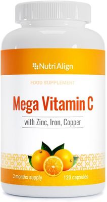 Nutri-Align Mega Vitamin C | 120 High Strength Vitamin C 1000mg Capsules - Vitamin C and Zinc, Iron &amp; Copper Supplement | VIT C Supplements | Gluten &amp; Sugar Free | Powerful Antioxidant
