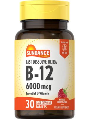 Sundance Fast Dissolve Vitamin B-12 | 6000mcg | 30 Tablets | Natural Berry Flavor | Vegetarian, Non-GMO, and Gluten Free Supplement