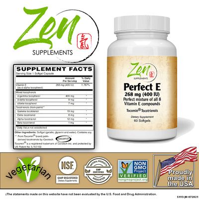 Zen Supplements Full Spectrum Perfect-E - Vitamin E Complex with Mixed Tocopherols and Tocotrienols - Non-GMO Complete E Vitamin - 60 Softgels