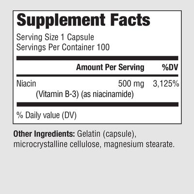 PureFormulas Niacinamide 500 mg - 100 Capsules, High Potency Vitamin B3 Supplement Flush Free, Supports Skin Health, Joint Health, Energy Production &amp; Cellular Function, Non Flushing Form of Niacin