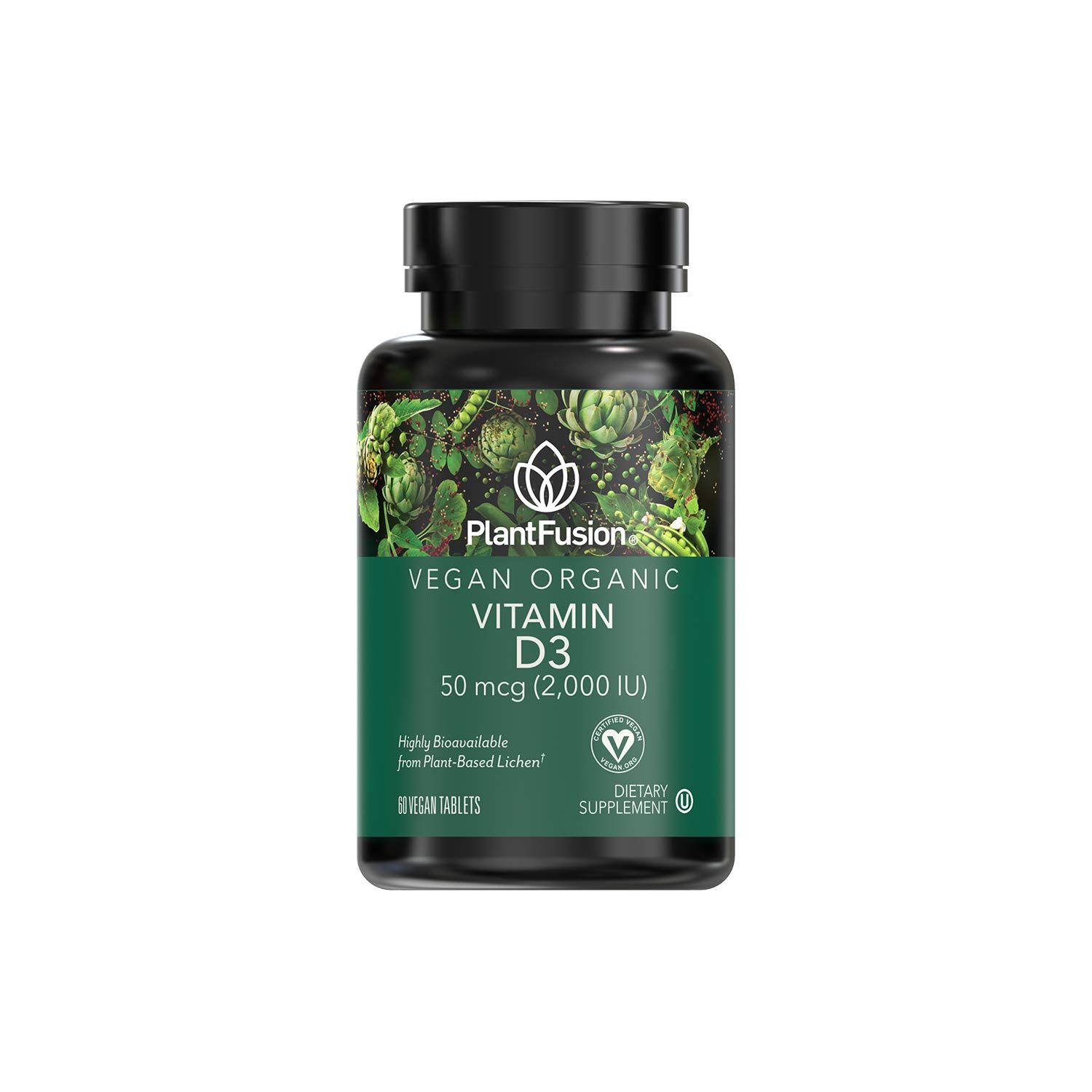 PlantFusion Vegan Vitamin D3 2000IU, Organic Vitamin D3, Sourced from Vitashine Plant Based Lichen, Promotes Immune and Bone Health, 60 Tablets