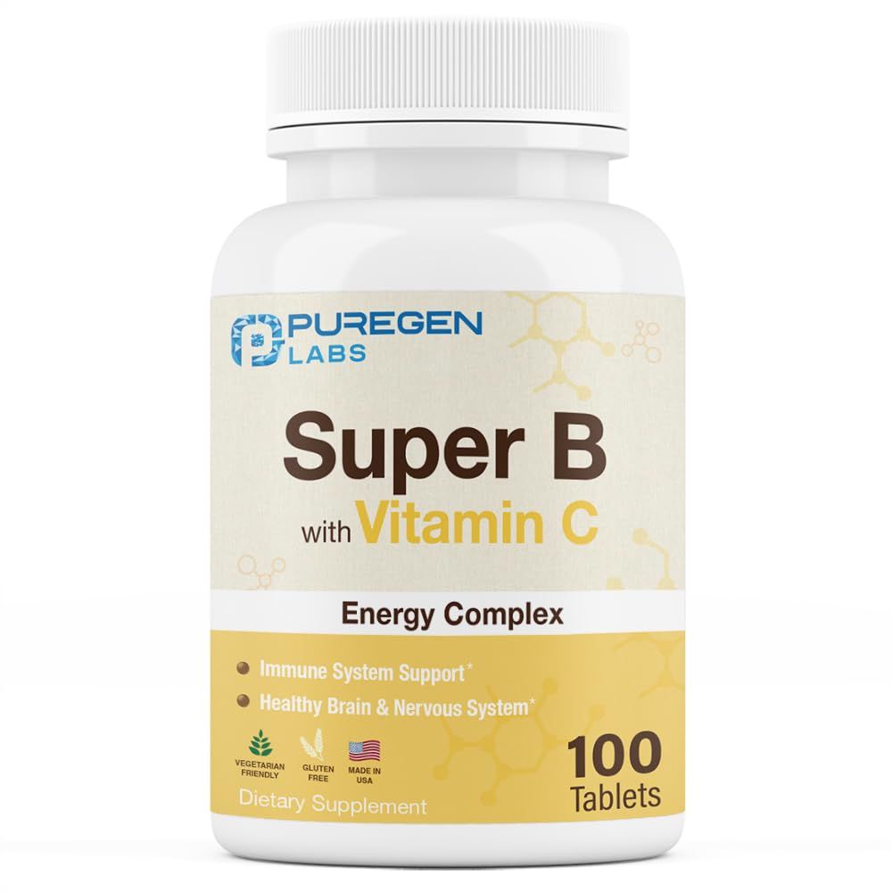 Puregen Labs Super B Energy Complex with Vitamin C - Immune Health, Energy &amp; Nervous System Support - Non-GMO, Gluten-Free 100 Vegetarian Tablets