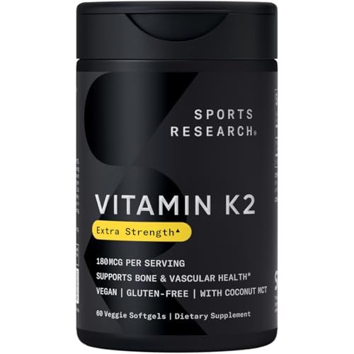 Sports Research Vitamin K2 MK7 180mcg with Coconut Oil - 60 Veggie Softgels - Vegan Certified, Non-GMO Verified &amp; Gluten-Free