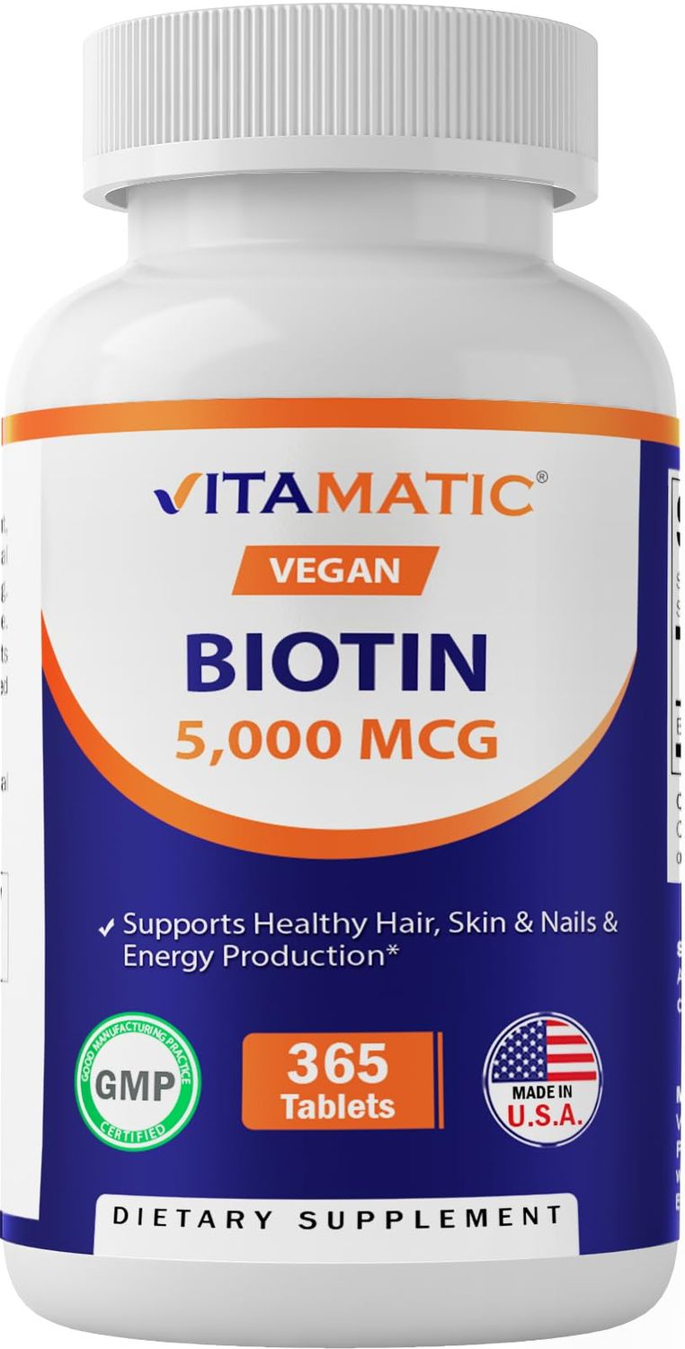 Vitamatic Biotin 5000mcg (5 mg) for Stronger Hair, Skin &amp; Nails - 365 Vegan Tablets- Also Called Vitamin B7